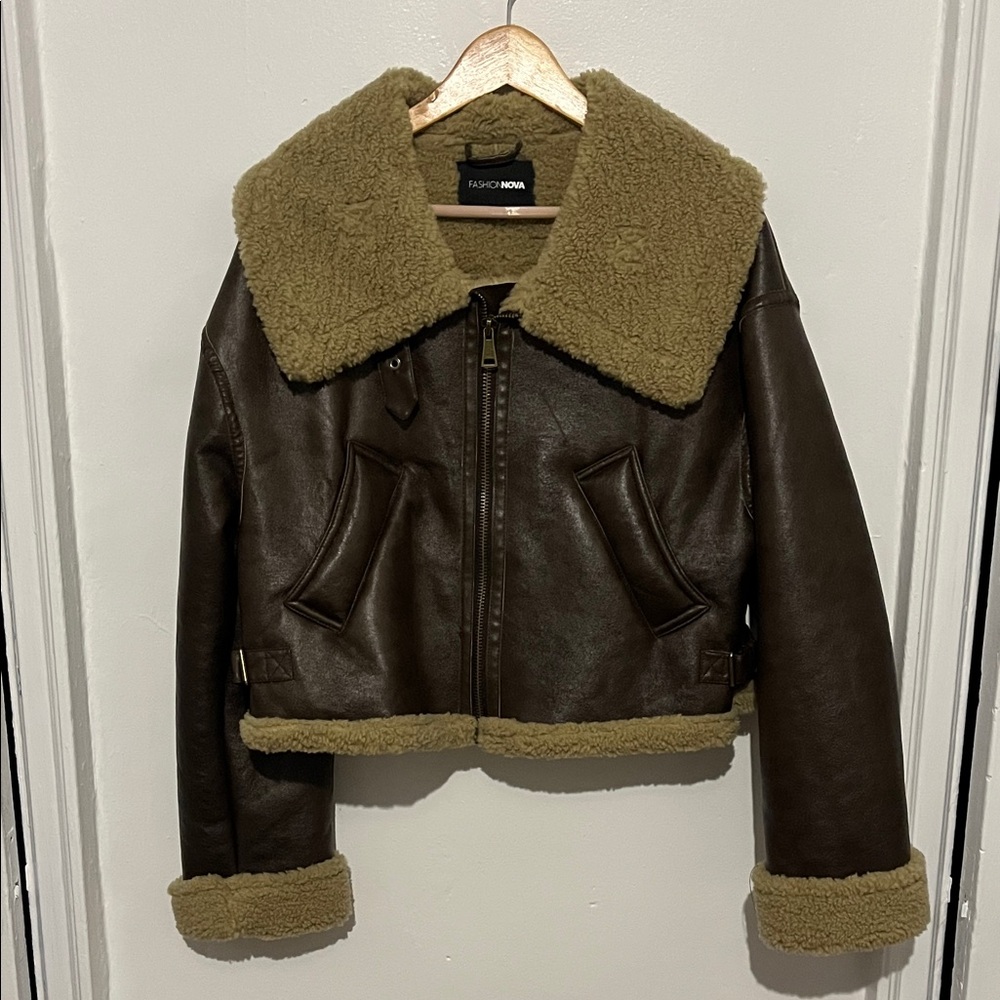 Fashion Nova Dark Brown Jacket with Beige Trim